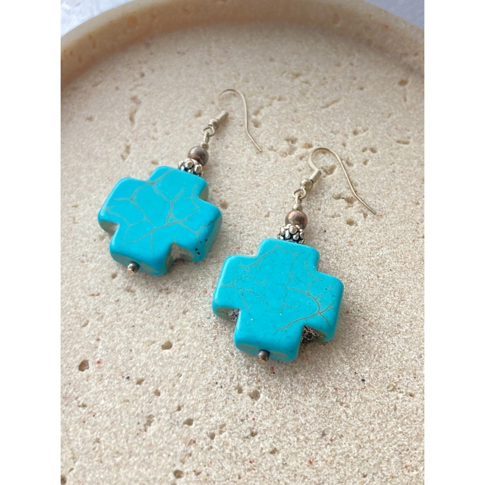 Cross Dangle Earrings Howlite Magnesite Stone Silver‎ Tone Faux Turquoise Chunky